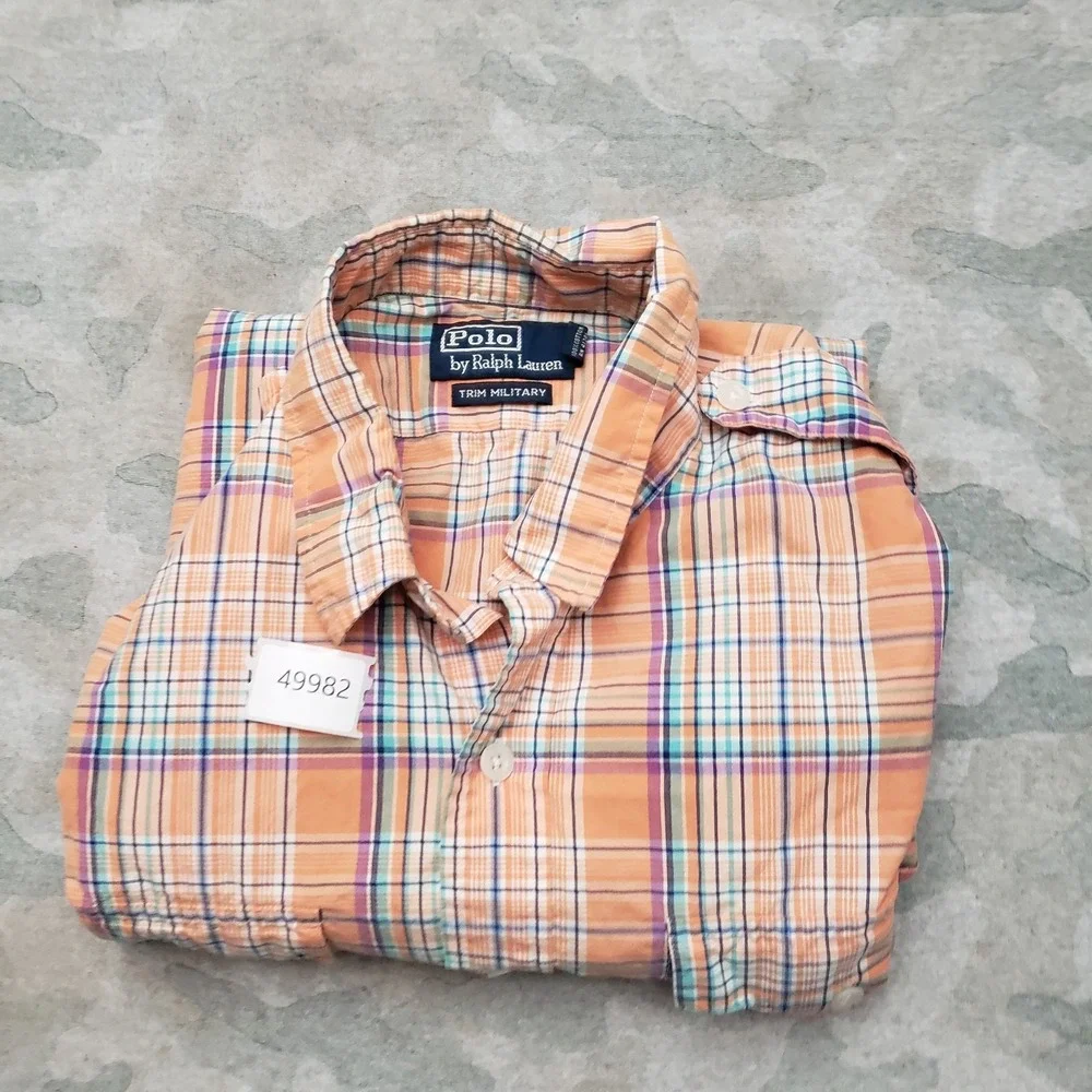 Polo Ralph Lauren Shirt Mens Large Orange Trim Military Long Sleeve Button Plaid